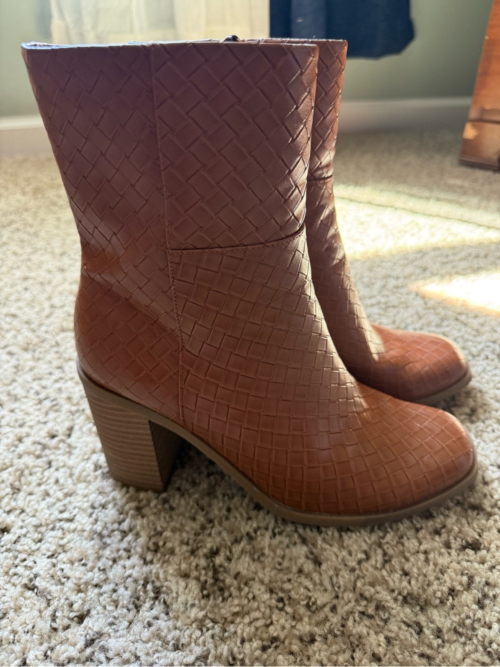 Woven Mid-Calf Block Heel Boots - Brown